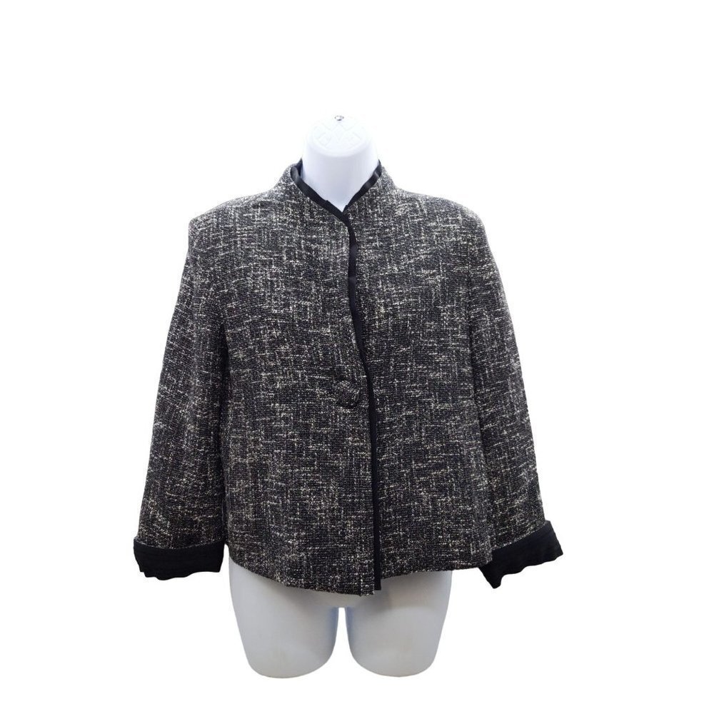 Talbots Women's Black/White Blazer cropped pockets ribbon trim 6